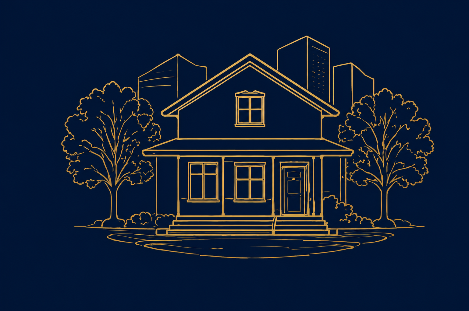 Gold line illustration of a home and city skyline